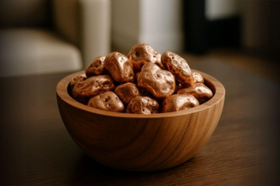 Polished copper nuggets in a wooden bowl, symbolizing the ion-charged healing energy of copper used in wellness rituals for vitality and restoration.