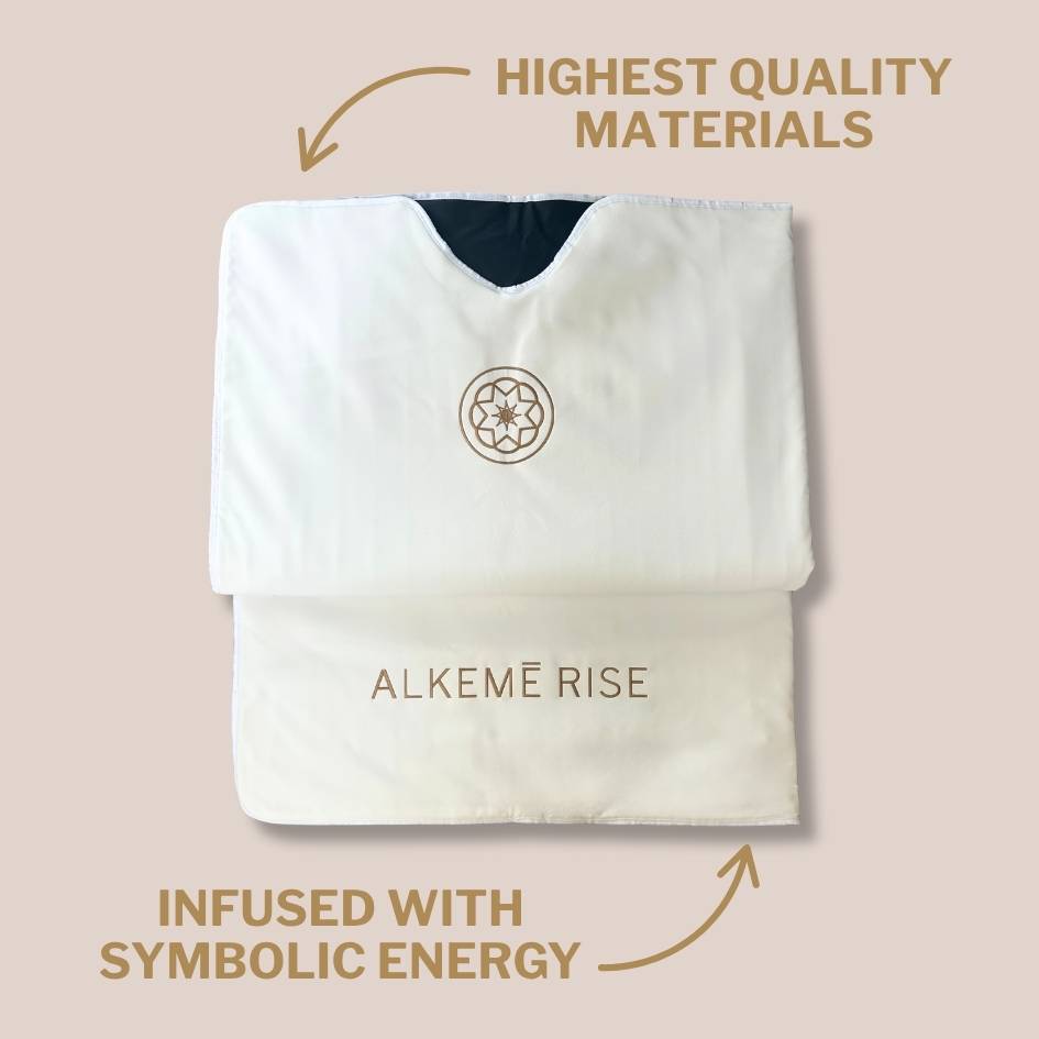 White sauna blanket displaying the highest quality materials and that it is infused with symbolic energy.
