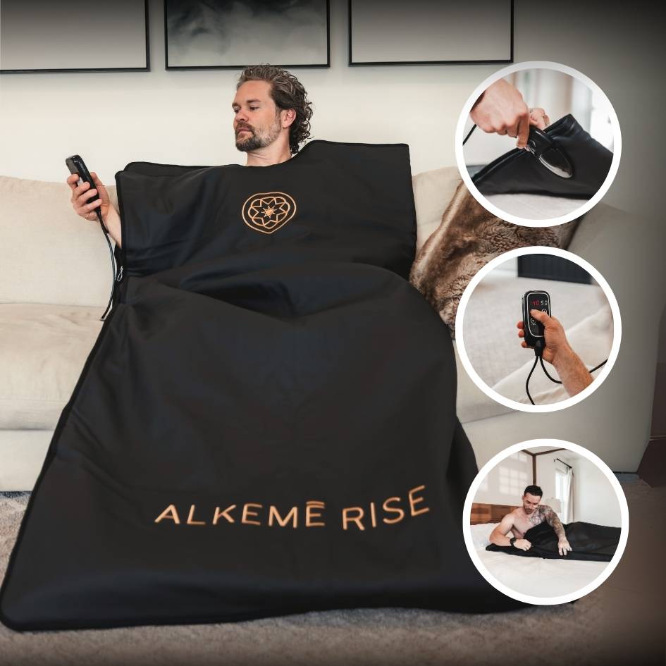 Man relaxing in the sauna blanket, setting the heat and time.