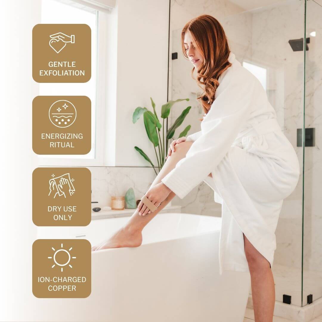 Woman brushing leg beside four illustrated icons highlighting key benefits of the Alkemē Rise copper dry brush.