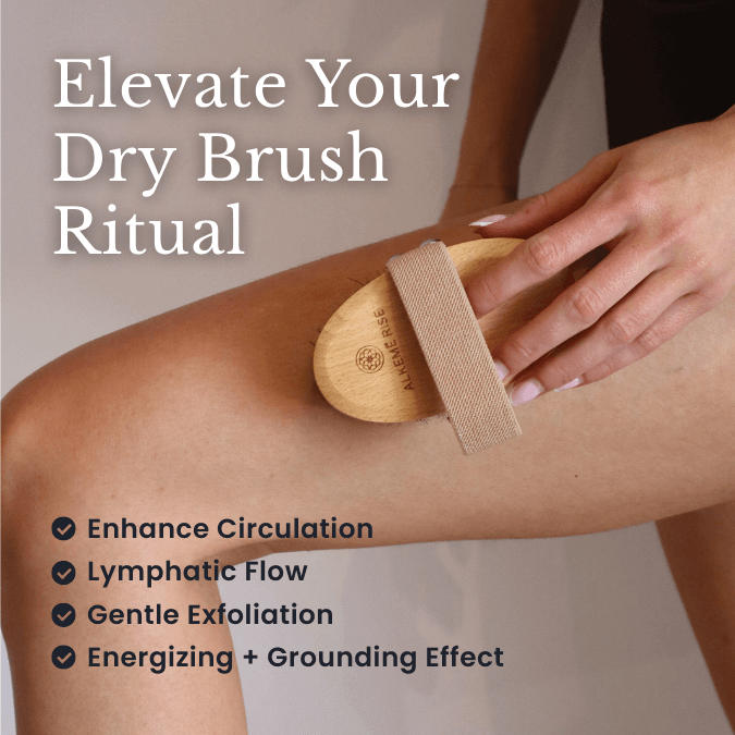 Person using a dry brush on their leg with text highlighting benefits of dry brushing.