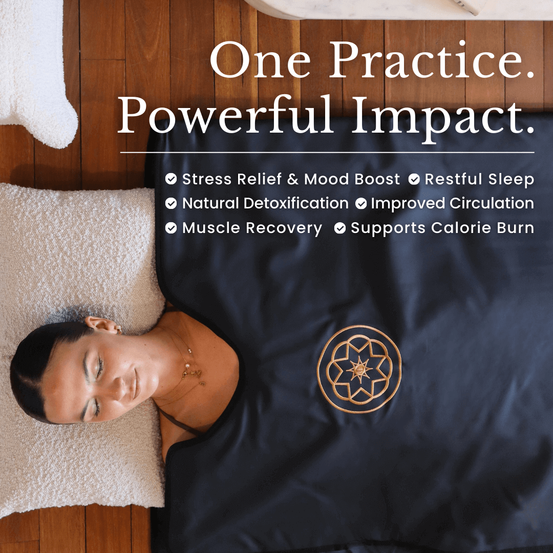 black Alkemē Rise sauna blanket with a women relaxing words One Practice. Powerful Impact. benefits listed