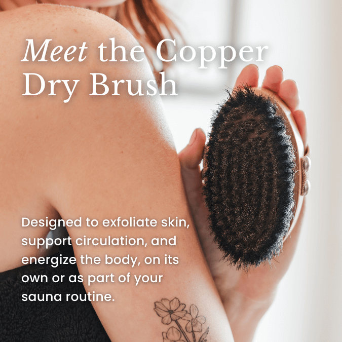 Copper dry brush held over a person's arm with text about its benefits.