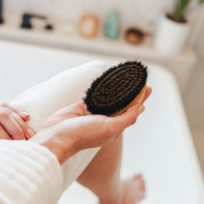 Close-up of the Alkemē Rise ion-charged copper dry brush held in hand showing natural bristles and wooden handle