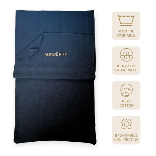 Cotton towel insert laid out with the top benefits displayed: machine washable, soft, 100% cotton, non irritating. 