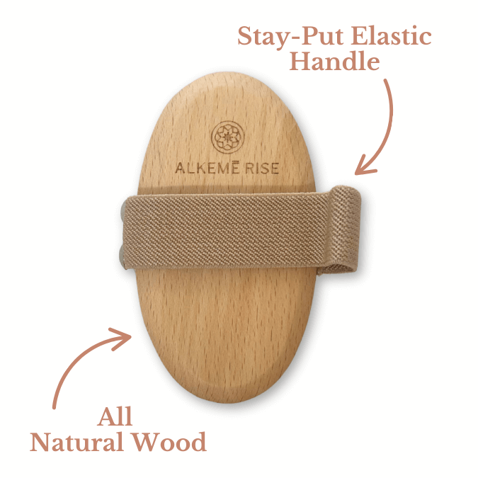 Wooden brush with elastic handle labeled 'Alkeme Rise' on a white background
